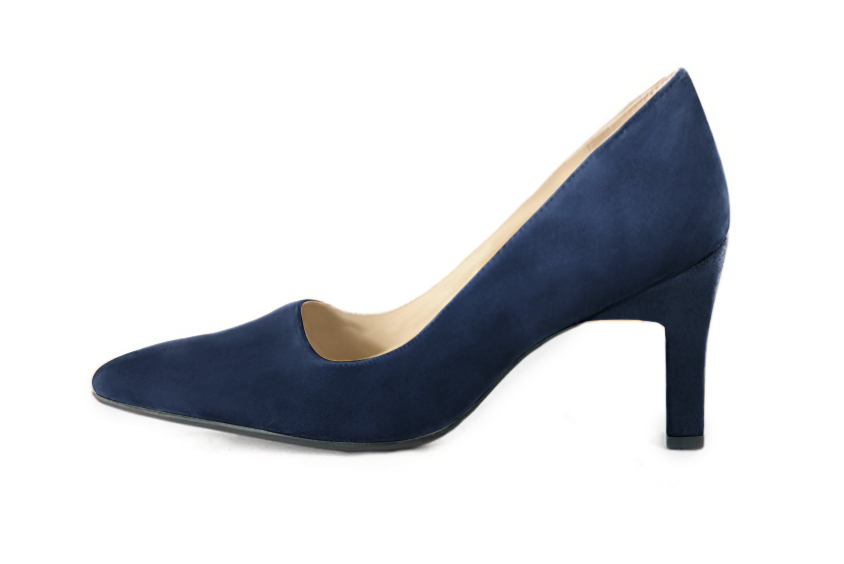 Navy blue women's dress pumps,with a square neckline. Tapered toe. High comma heels. Profile view - Florence KOOIJMAN